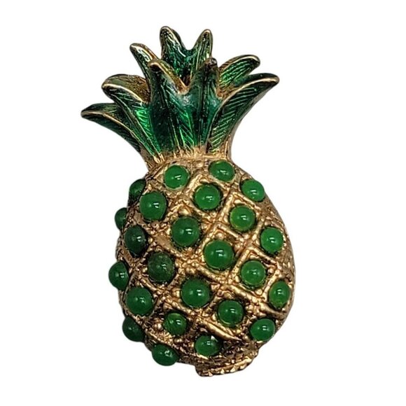 Ciner Rare Pineapple Brooch Green Cabachons 18k Gold Plated Book Piece Vintage - Picture 7 of 10
